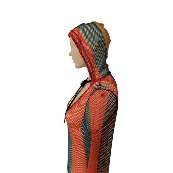 Multicolor maxi fishnet swim coverup long sleeve hooded size XXL - Picture 5 of 9